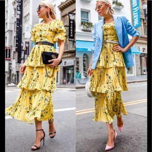 Yellow Floral pleated tiered maxi Dress